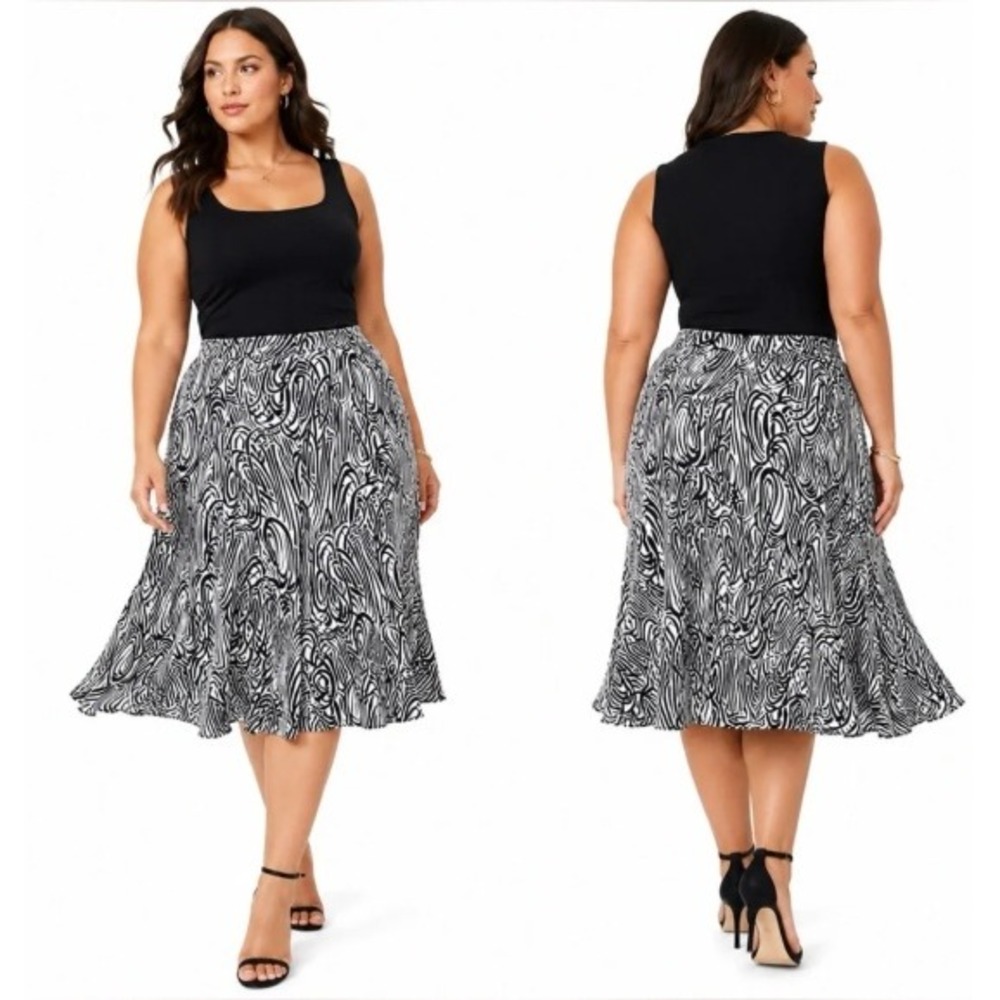Jones New York Silk Skirt Womens 16 Black White NWT Abstract Swirl Midi Lining